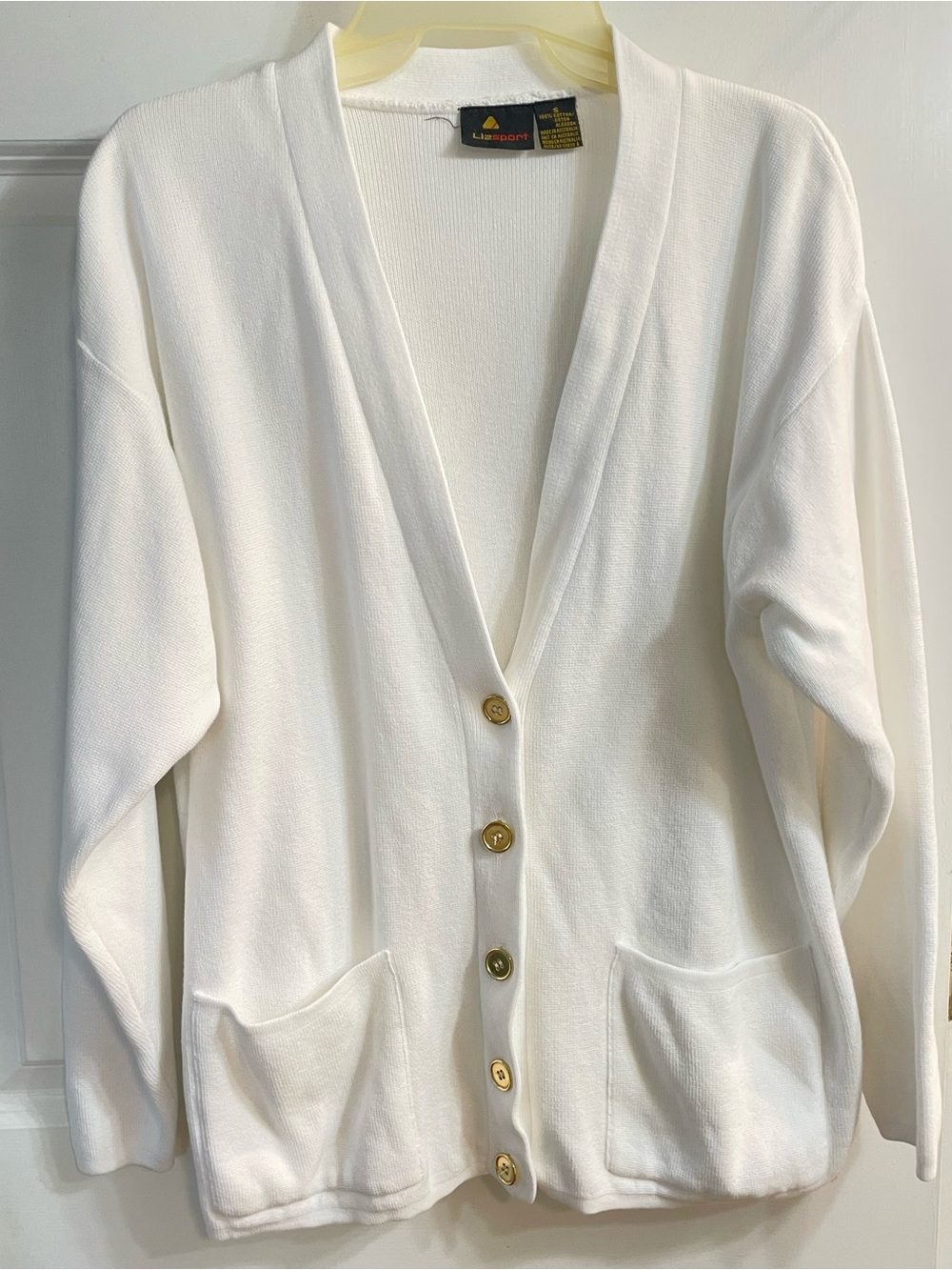 Vintage Liz Sport White Cotton Cardigan Small Gold Buttons Old Money Preppy